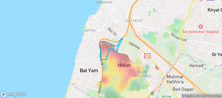 מפת חום של מחירי הנדל"ן בשכונת תל גיבורים, חולון — אזורים יקרים בגווני חם, אזורים זולים בגווני קר