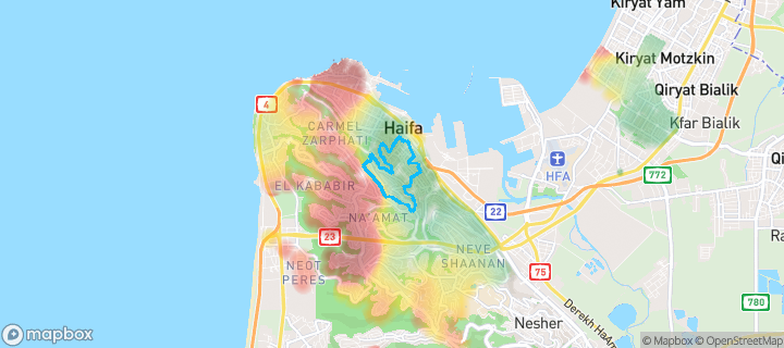 מפת חום של מחירי הנדל"ן בשכונת הדר הכרמל, חיפה — אזורים יקרים בגווני חם, אזורים זולים בגווני קר