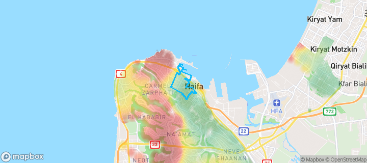 מפת חום של מחירי הנדל"ן בשכונת המושבה הגרמנית, חיפה — אזורים יקרים בגווני חם, אזורים זולים בגווני קר