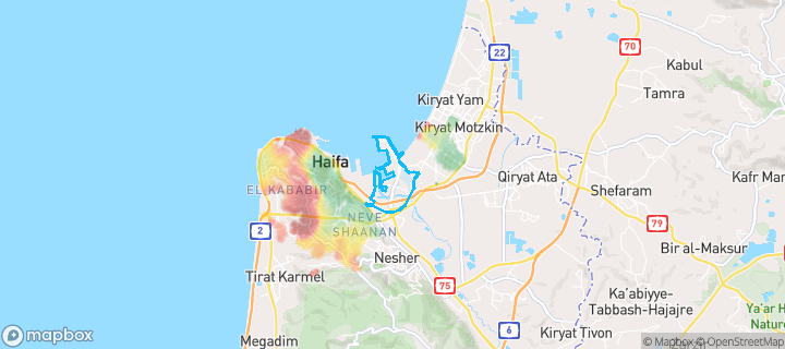 מפת חום של מחירי הנדל"ן בשכונת מזרח, חיפה — אזורים יקרים בגווני חם, אזורים זולים בגווני קר