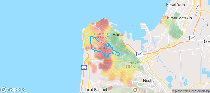 מפת חום של מחירי הנדל"ן בשכונת מרכז הכרמל, חיפה — אזורים יקרים בגווני חם, אזורים זולים בגווני קר