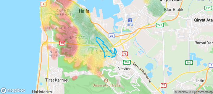 מפת חום של מחירי הנדל"ן בשכונת נווה שאנן, חיפה — אזורים יקרים בגווני חם, אזורים זולים בגווני קר