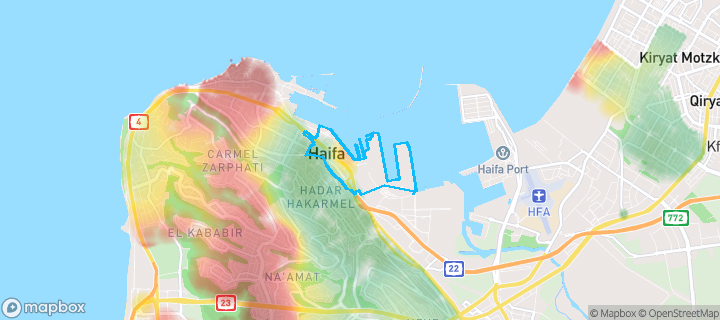מפת חום של מחירי הנדל"ן בשכונת קריית הממשלה ע"ש רבין, חיפה — אזורים יקרים בגווני חם, אזורים זולים בגווני קר