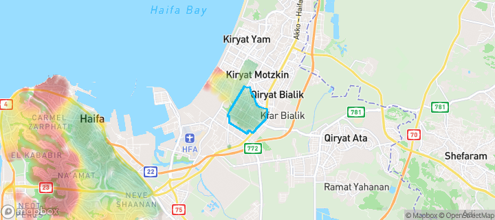 מפת חום של מחירי הנדל"ן בשכונת קריית חיים מזרחית, חיפה — אזורים יקרים בגווני חם, אזורים זולים בגווני קר