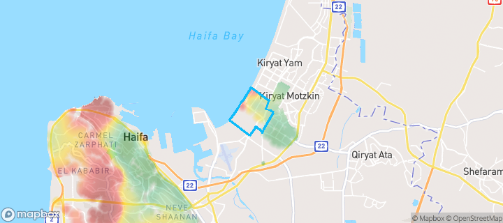 מפת חום של מחירי הנדל"ן בשכונת קריית חיים מערבית, חיפה — אזורים יקרים בגווני חם, אזורים זולים בגווני קר