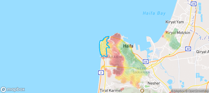 מפת חום של מחירי הנדל"ן בשכונת קריית שפרינצק, חיפה — אזורים יקרים בגווני חם, אזורים זולים בגווני קר