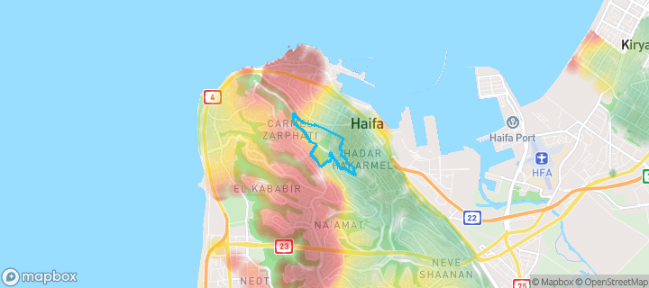 מפת חום של מחירי הנדל"ן בשכונת רובע הדר, חיפה — אזורים יקרים בגווני חם, אזורים זולים בגווני קר