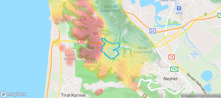 מפת חום של מחירי הנדל"ן בשכונת רוממה הישנה, חיפה — אזורים יקרים בגווני חם, אזורים זולים בגווני קר