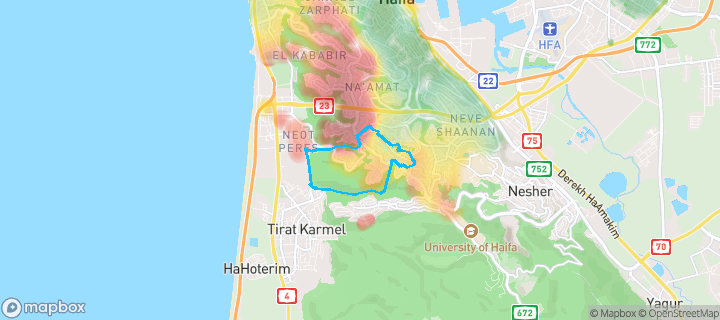 מפת חום של מחירי הנדל"ן בשכונת רמת אשכול, חיפה — אזורים יקרים בגווני חם, אזורים זולים בגווני קר