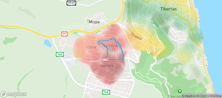 מפת חום של מחירי הנדל"ן בשכונת טבריה עילית, טבריה — אזורים יקרים בגווני חם, אזורים זולים בגווני קר