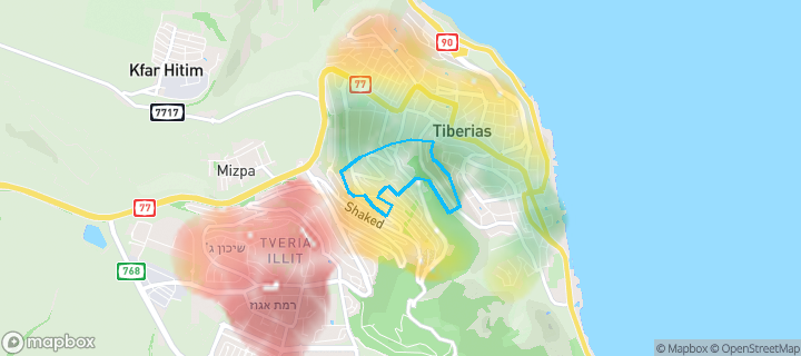 מפת חום של מחירי הנדל"ן בשכונת רבי עקיבא, טבריה — אזורים יקרים בגווני חם, אזורים זולים בגווני קר