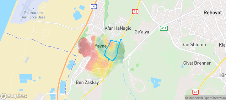 מפת חום של מחירי הנדל"ן בשכונת נאות אשכול, יבנה — אזורים יקרים בגווני חם, אזורים זולים בגווני קר