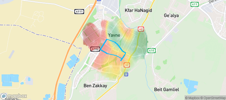 מפת חום של מחירי הנדל"ן בשכונת נאות בגין, יבנה — אזורים יקרים בגווני חם, אזורים זולים בגווני קר