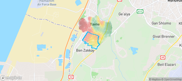 מפת חום של מחירי הנדל"ן בשכונת נאות רבין, יבנה — אזורים יקרים בגווני חם, אזורים זולים בגווני קר
