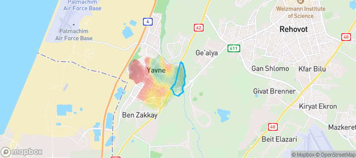 מפת חום של מחירי הנדל"ן בשכונת נאות שז"ר, יבנה — אזורים יקרים בגווני חם, אזורים זולים בגווני קר