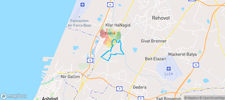 מפת חום של מחירי הנדל"ן בשכונת רמות בן צבי, יבנה — אזורים יקרים בגווני חם, אזורים זולים בגווני קר