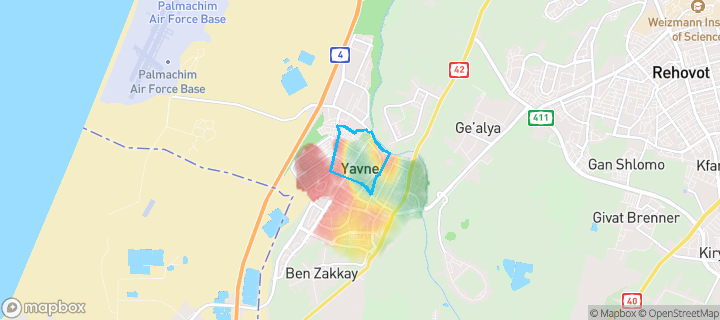 מפת חום של מחירי הנדל"ן בשכונת רמות ויצמן, יבנה — אזורים יקרים בגווני חם, אזורים זולים בגווני קר