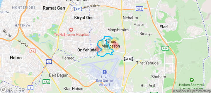 מפת חום של מחירי הנדל"ן בשכונת קרית הסביונים, יהוד מונוסון — אזורים יקרים בגווני חם, אזורים זולים בגווני קר