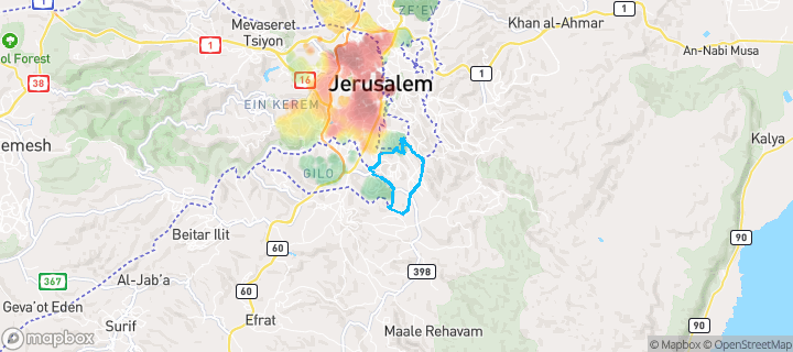 מפת חום של מחירי הנדל"ן בשכונת אום טובא, ירושלים — אזורים יקרים בגווני חם, אזורים זולים בגווני קר