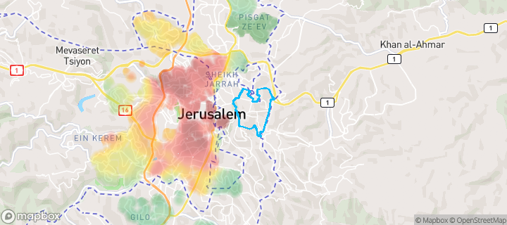 מפת חום של מחירי הנדל"ן בשכונת א-טור, ירושלים — אזורים יקרים בגווני חם, אזורים זולים בגווני קר
