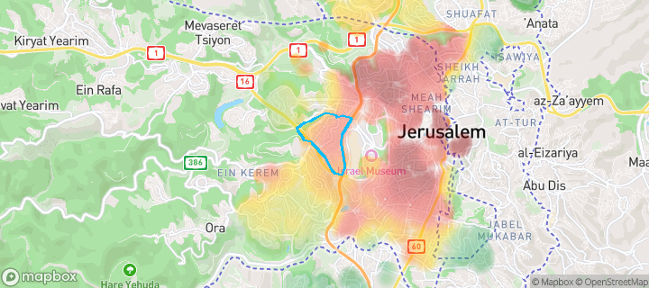 מפת חום של מחירי הנדל"ן בשכונת בית הכרם, ירושלים — אזורים יקרים בגווני חם, אזורים זולים בגווני קר