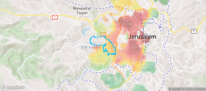 מפת חום של מחירי הנדל"ן בשכונת בית וגן, ירושלים — אזורים יקרים בגווני חם, אזורים זולים בגווני קר