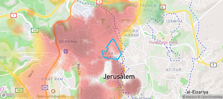 מפת חום של מחירי הנדל"ן בשכונת בית ישראל, ירושלים — אזורים יקרים בגווני חם, אזורים זולים בגווני קר