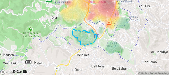 מפת חום של מחירי הנדל"ן בשכונת גילה, ירושלים — אזורים יקרים בגווני חם, אזורים זולים בגווני קר