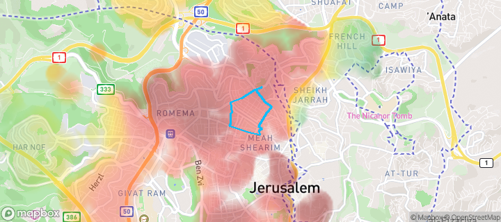 מפת חום של מחירי הנדל"ן בשכונת הבוכרים, ירושלים — אזורים יקרים בגווני חם, אזורים זולים בגווני קר