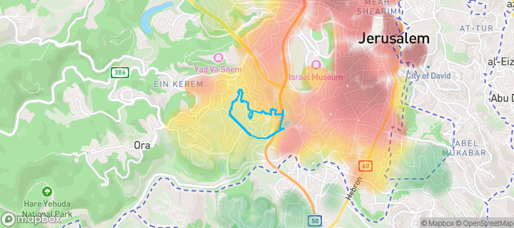 מפת חום של מחירי הנדל"ן בשכונת הולילנד, ירושלים — אזורים יקרים בגווני חם, אזורים זולים בגווני קר