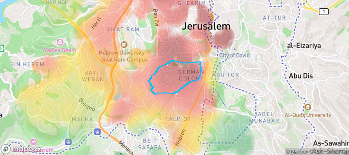 מפת חום של מחירי הנדל"ן בשכונת המושבה היוונית, ירושלים — אזורים יקרים בגווני חם, אזורים זולים בגווני קר