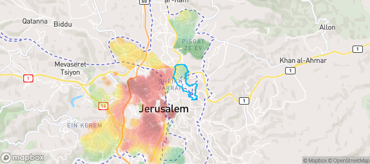 מפת חום של מחירי הנדל"ן בשכונת הר הצופים, ירושלים — אזורים יקרים בגווני חם, אזורים זולים בגווני קר