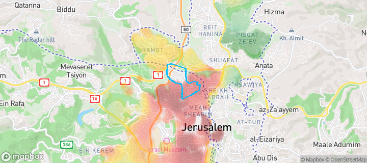 מפת חום של מחירי הנדל"ן בשכונת הר חוצבים, ירושלים — אזורים יקרים בגווני חם, אזורים זולים בגווני קר