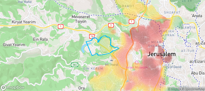 מפת חום של מחירי הנדל"ן בשכונת הר נוף, ירושלים — אזורים יקרים בגווני חם, אזורים זולים בגווני קר
