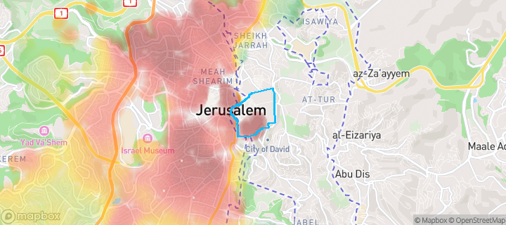 מפת חום של מחירי הנדל"ן בשכונת הרובע היהודי, ירושלים — אזורים יקרים בגווני חם, אזורים זולים בגווני קר