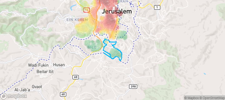 מפת חום של מחירי הנדל"ן בשכונת חומת שמואל, ירושלים — אזורים יקרים בגווני חם, אזורים זולים בגווני קר