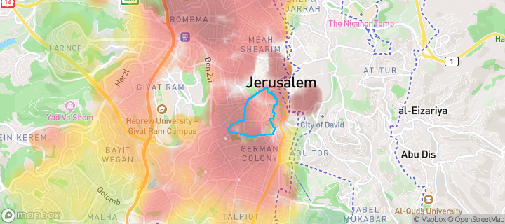 מפת חום של מחירי הנדל"ן בשכונת טלביה, ירושלים — אזורים יקרים בגווני חם, אזורים זולים בגווני קר