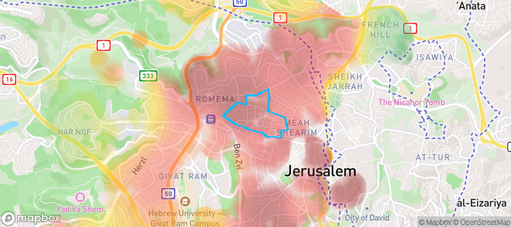 מפת חום של מחירי הנדל"ן בשכונת כרם אברהם, ירושלים — אזורים יקרים בגווני חם, אזורים זולים בגווני קר