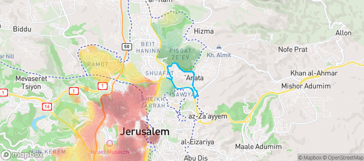 מפת חום של מחירי הנדל"ן בשכונת מחנה פליטים שועפט, ירושלים — אזורים יקרים בגווני חם, אזורים זולים בגווני קר