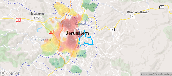 מפת חום של מחירי הנדל"ן בשכונת מעלה הזיתים, ירושלים — אזורים יקרים בגווני חם, אזורים זולים בגווני קר