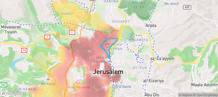 מפת חום של מחירי הנדל"ן בשכונת מעלות דפנה, ירושלים — אזורים יקרים בגווני חם, אזורים זולים בגווני קר