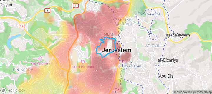 מפת חום של מחירי הנדל"ן בשכונת נחלת שבעה, ירושלים — אזורים יקרים בגווני חם, אזורים זולים בגווני קר