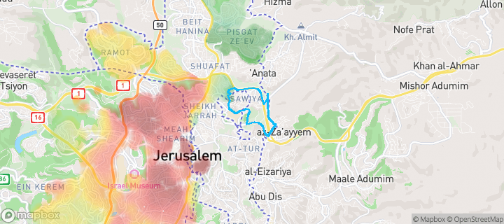 מפת חום של מחירי הנדל"ן בשכונת עיסוויה, ירושלים — אזורים יקרים בגווני חם, אזורים זולים בגווני קר