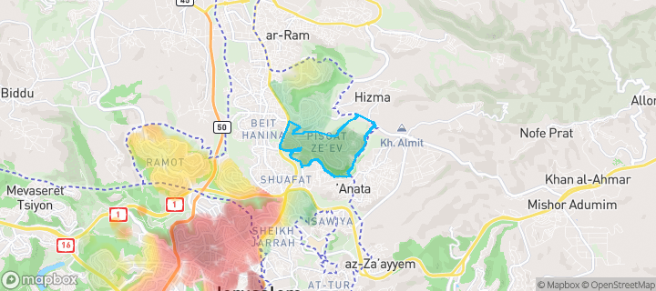 מפת חום של מחירי הנדל"ן בשכונת פסגת זאב, ירושלים — אזורים יקרים בגווני חם, אזורים זולים בגווני קר