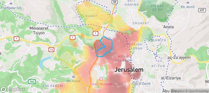 מפת חום של מחירי הנדל"ן בשכונת קרית בעלז, ירושלים — אזורים יקרים בגווני חם, אזורים זולים בגווני קר