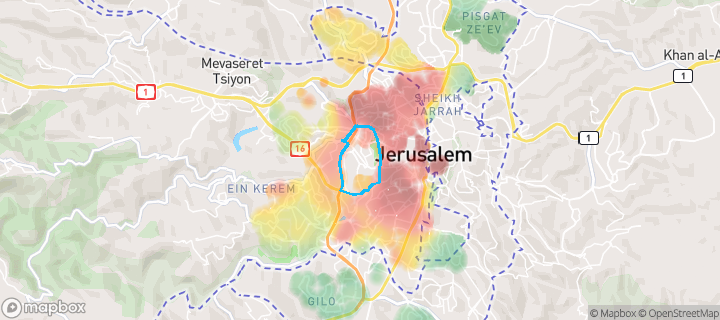 מפת חום של מחירי הנדל"ן בשכונת קרית הממשלה, ירושלים — אזורים יקרים בגווני חם, אזורים זולים בגווני קר