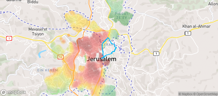מפת חום של מחירי הנדל"ן בשכונת קרית מנחם בגין, ירושלים — אזורים יקרים בגווני חם, אזורים זולים בגווני קר