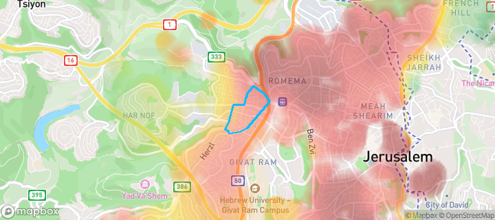 מפת חום של מחירי הנדל"ן בשכונת קרית משה, ירושלים — אזורים יקרים בגווני חם, אזורים זולים בגווני קר