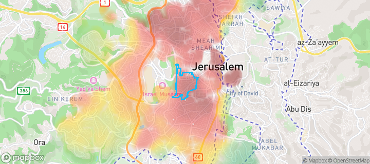 מפת חום של מחירי הנדל"ן בשכונת רחביה, ירושלים — אזורים יקרים בגווני חם, אזורים זולים בגווני קר