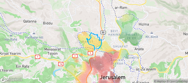 מפת חום של מחירי הנדל"ן בשכונת רמות א', ירושלים — אזורים יקרים בגווני חם, אזורים זולים בגווני קר